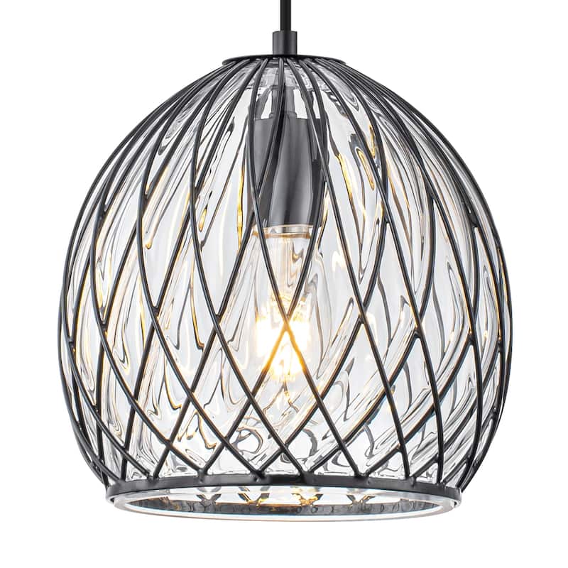Modern Matte Black Pendant Light with Globe Glass & Wire Cage Kitchen - Dia.8.66-in