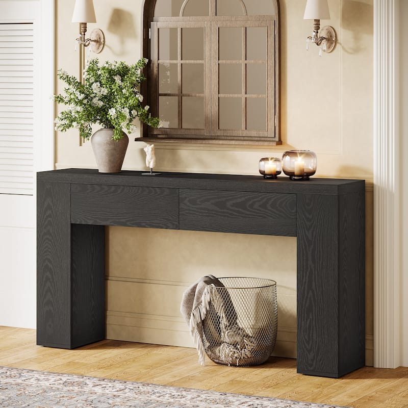 63-Inch Wooden Console Table, Farmhouse Rustic Brown Sofa Table