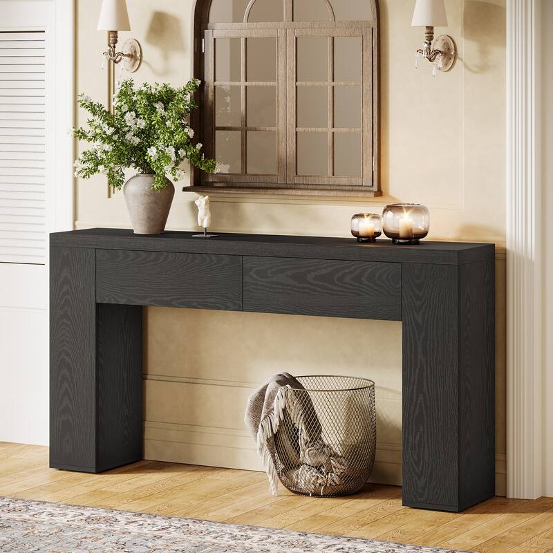 63-Inch Wooden Console Table with 2 Hidden Drawers, Sofa Table for Living Room, Hallway, Entrance, Foyer