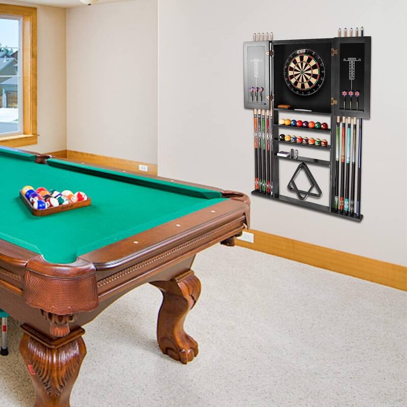 GSE™ 10-Cue Wall Mounting Billiard Cue Rack & Dart Board Cabinet Combination. Hanging Wall Pool Stick Holder & Dartboard Cabinet