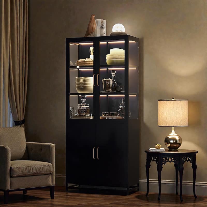 76.75 Inch Glass Display Cabinet with LED Lights, 3 Sided Tempered Glass Steel Curio Cabinet with Double Doors