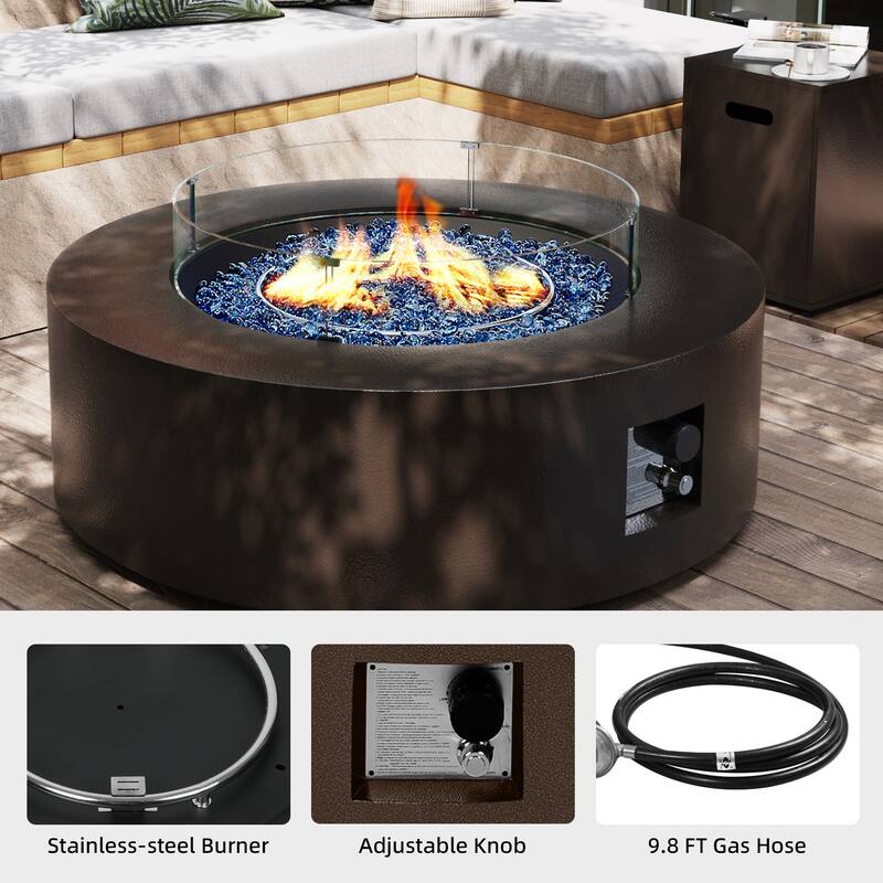Patio Watcher Outdoor 42in. Iron Fire Pit Table with Propane Tank Cover and Glass Wind Guard
