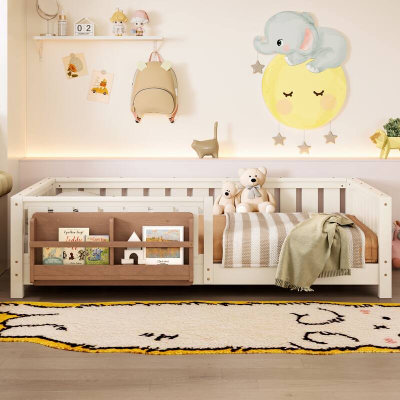 Montessori Floor Bed Low Profile Kids Bed with Rails & Bookshelf