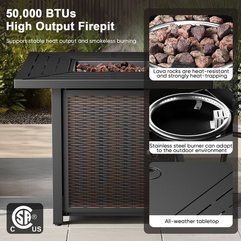 Meyreso 3-Piece Wicker Patio Conversation Set with Metal Fire Pit & Plush 4.5" Olefin Cushions