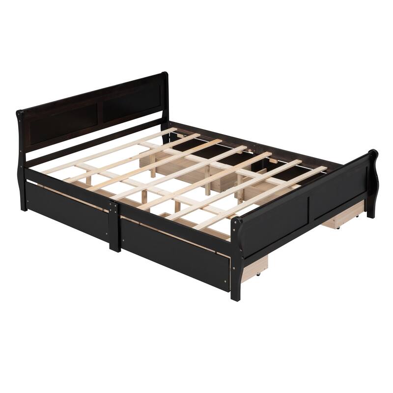 Wood Platform Bed with 4 Drawers and Streamlined Headboard & Footboard