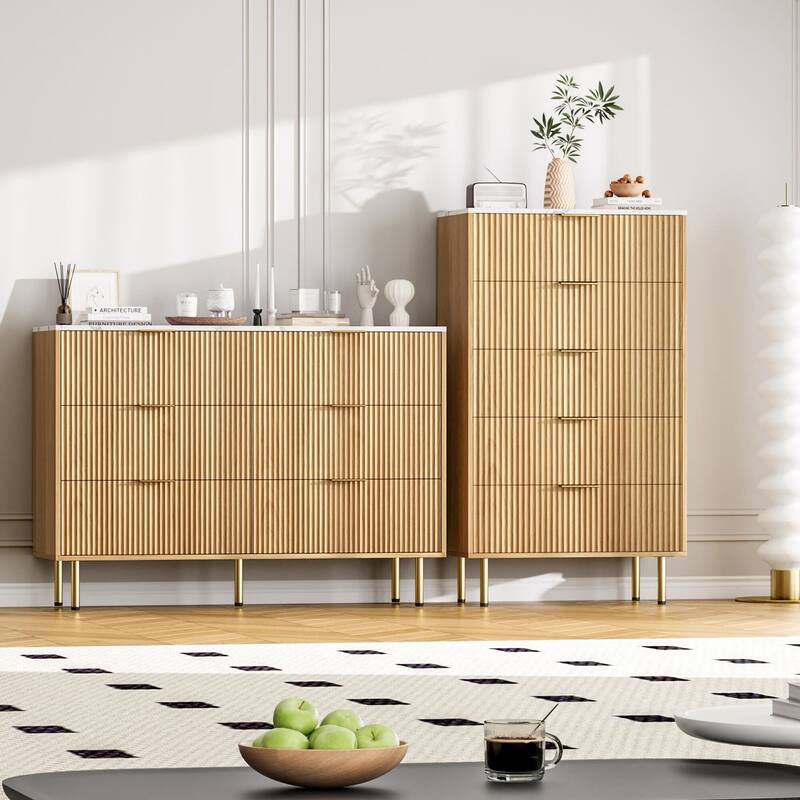 6 Drawers Dresser for Bedroom, Fluted Dresser Chest of Drawers with Handle, Wood Modern Dressers for Closet