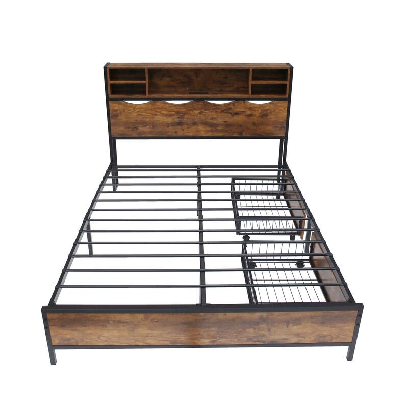 Full / Queen Size Rustic Storage Bed Frame with Bookcase Headboard with Power Outlets, 2 Under-Bed Storage Drawers Included🏕️
