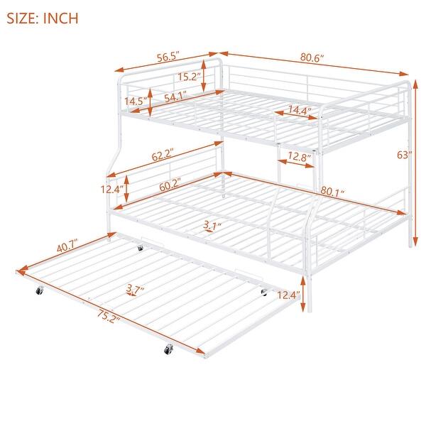 Contemporary & Simple Style Full XL over Queen Metal Bunk Bed with Twin Size Trundle, Save Space or Split Into 2 Beds, White