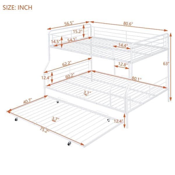 dimension image slide 1 of 2, Full XL Over Queen Metal Bunk Bed with Twin Size Trundle for Home