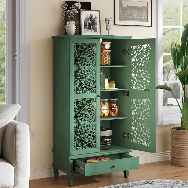Rossetta Rustic Vintage Design 2-Door Carved Wood Storage Cabinet with Drawer, Solid Wood Legs