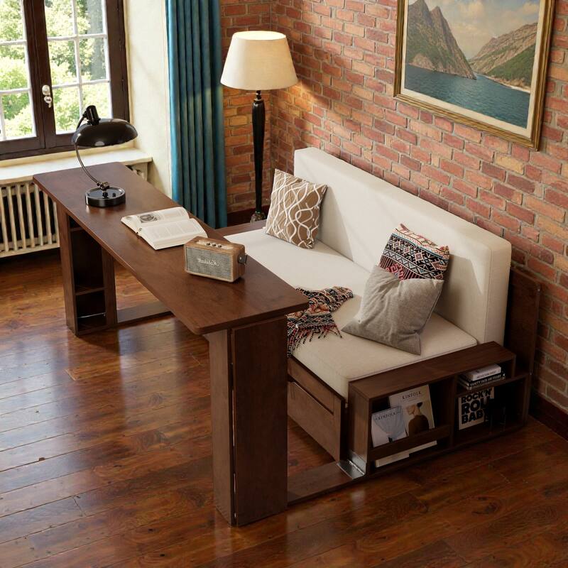 Queen Size 4-in-1 Daybed with Removable Desk, Storage Drawers, Hydraulic Side Tables & Extendable Armrests