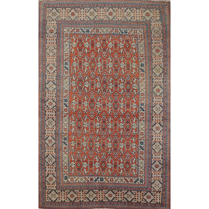 Hand Knotted Oriental 100% Wool Carpet Traditional Geometric Oranges & Rust Kazak Area Rug - 5' 4'' X 3' 8''
