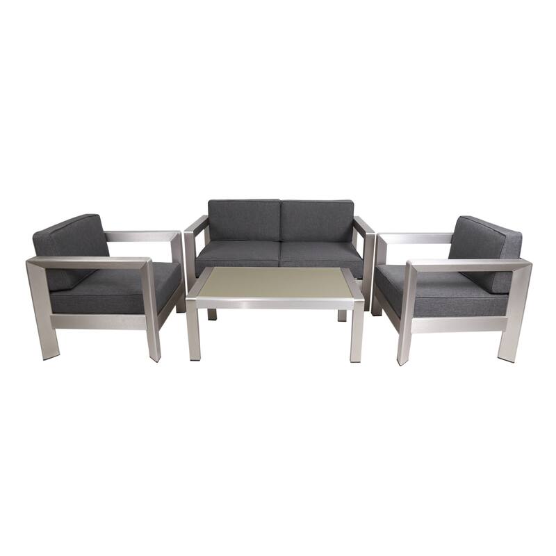 Aviara Outdoor 4-Seater Aluminum Chat Set with Tempered Glass-Topped Coffee Table by Christopher Knight Home