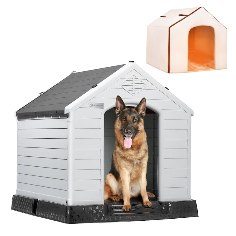 BOSSIN Insulated & Waterproof Dog House, Indoor/Outdoor Puppy Shelter with Elevated Floor & Liner for All Size Dogs - Grey