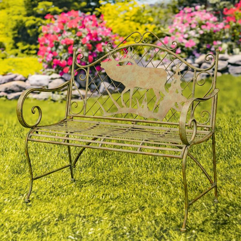 Iron Garden Bench with Moose and Evergreen Silhouette "The Highlands" - 43.7" L x 20.47" W x 40.55" H - Green