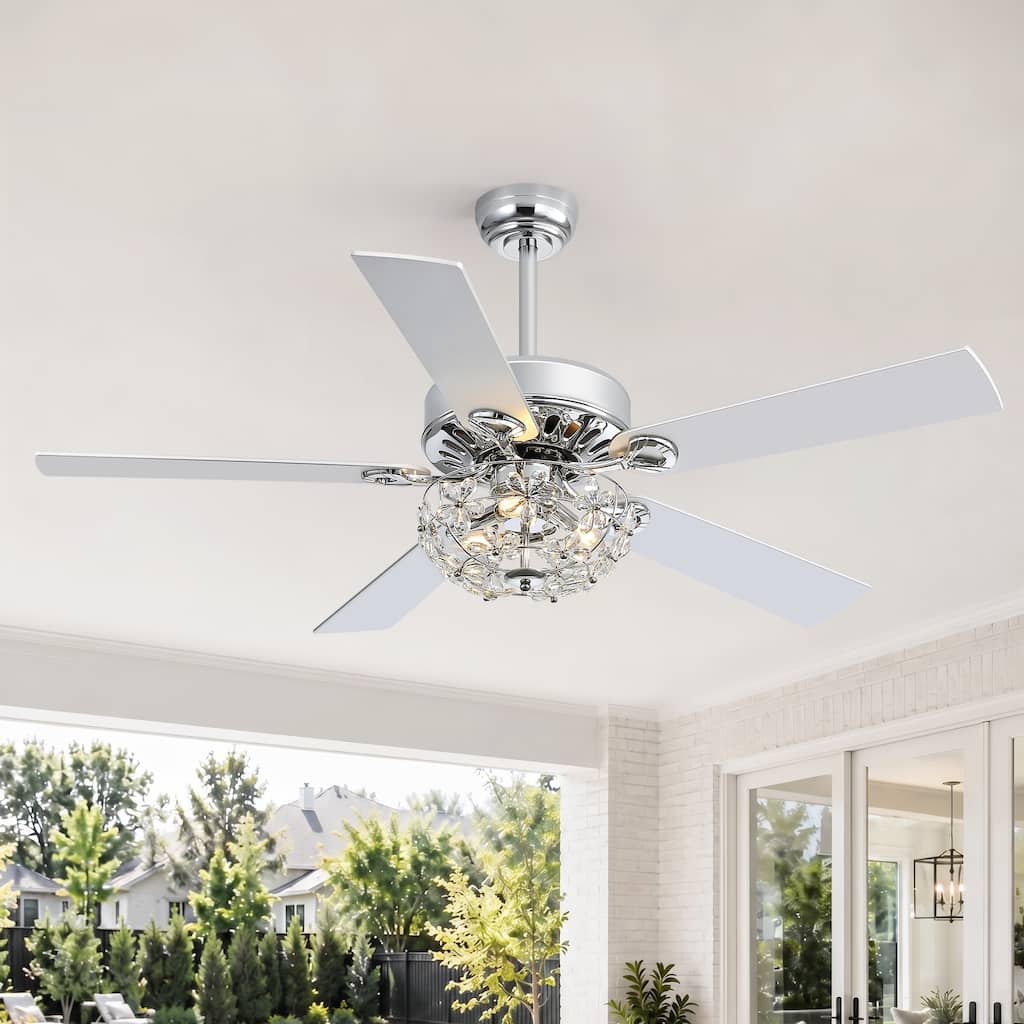 52 Inch Crystal Ceiling Fan with Light, Remote Control, 6 Speeds, Reversible DC Motor, Chrome Finish