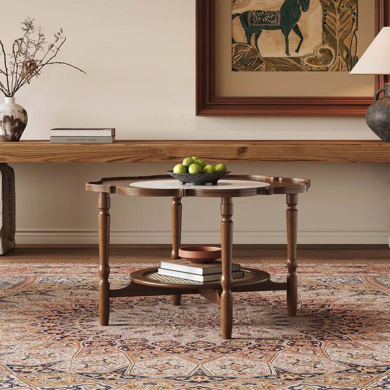 Mid-Century Style Coffee Table with Petal Shape and White Crackle Pattern Glass,2-Tiered Storage