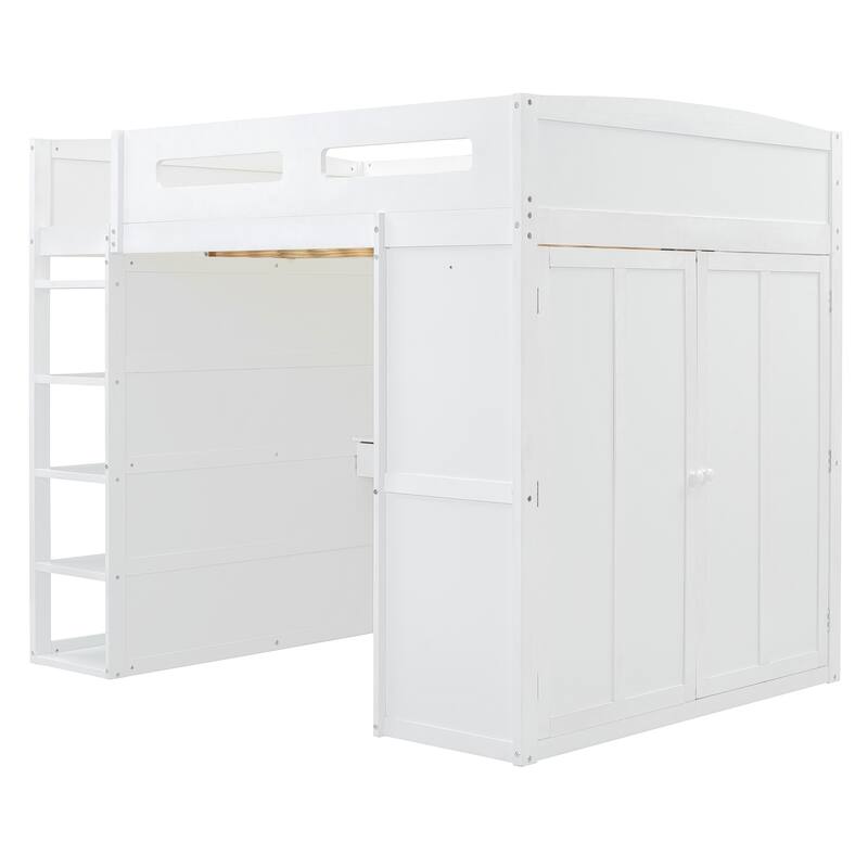 Twin/Full Size Loft Bed with Bulit-in Wardrobes, Desk and 4 Drawers, Solid Wood Loft Bedframe with 4-Tier Storage Shelves