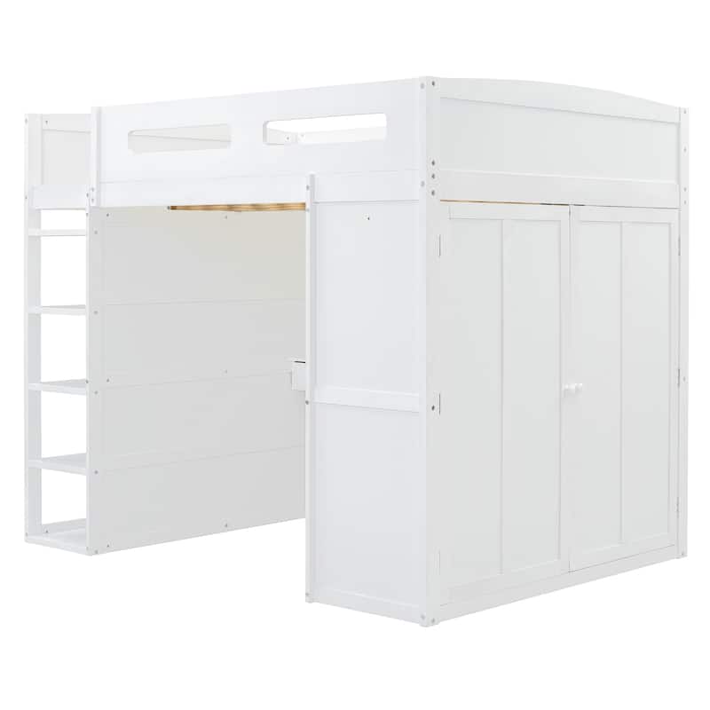 White Full Size Solid Wood Loft Bed with Desk, Wardrobes & Drawers