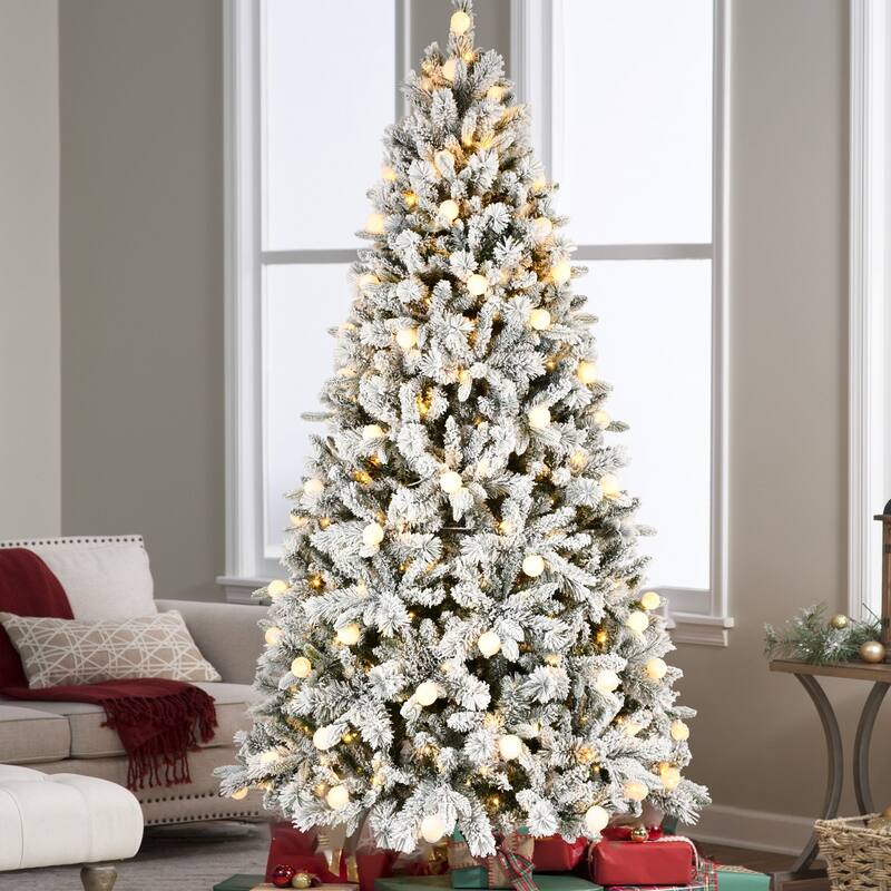 8ft Flocked Christmas Tree with 470L Colorful LED Lights with G45 ball,Memory Wire,10 Lighting Modes,Foot Switch