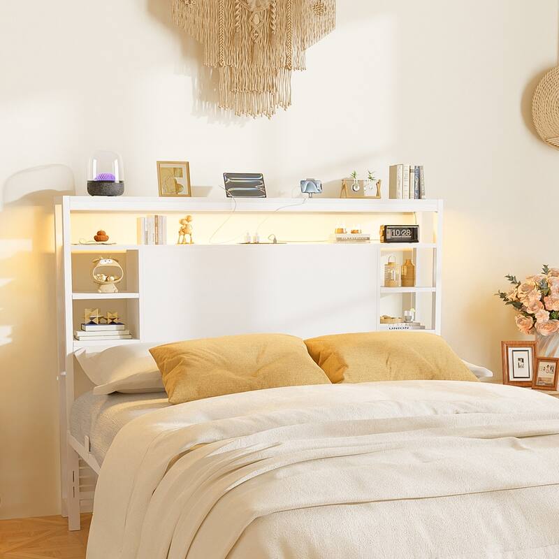 Headboards with Storage Shelves, Head Board with Power Outlet and LED Light for Bed Frame - White - Full
