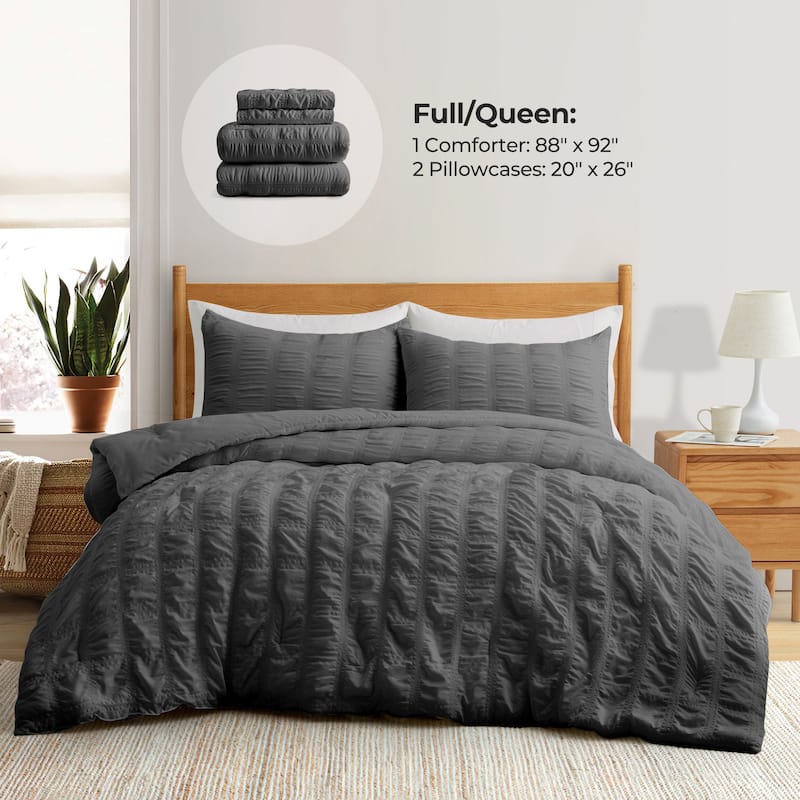 3-Piece Seersucker Bubble Ruffled Chic Textured Comforter Set, Lightweight Bedding Set