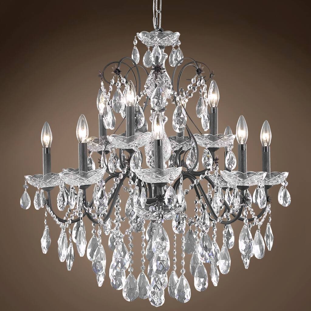 Heritage 12 Light 28" Deep Iron Chandelier Swarovski/European Crystal & Led Bulb - 28.00
