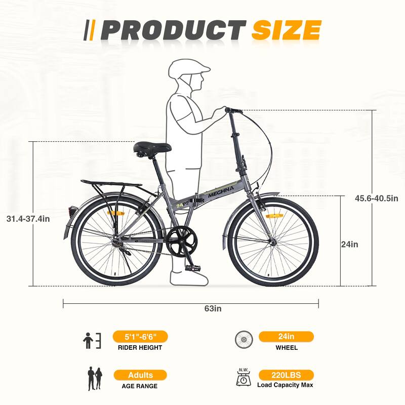 24 Inch Folding Bike with Fenders, Single Speed City Commuter Bicycle with Dual V-Brake, Steel Frame Portable Compact Bicycle