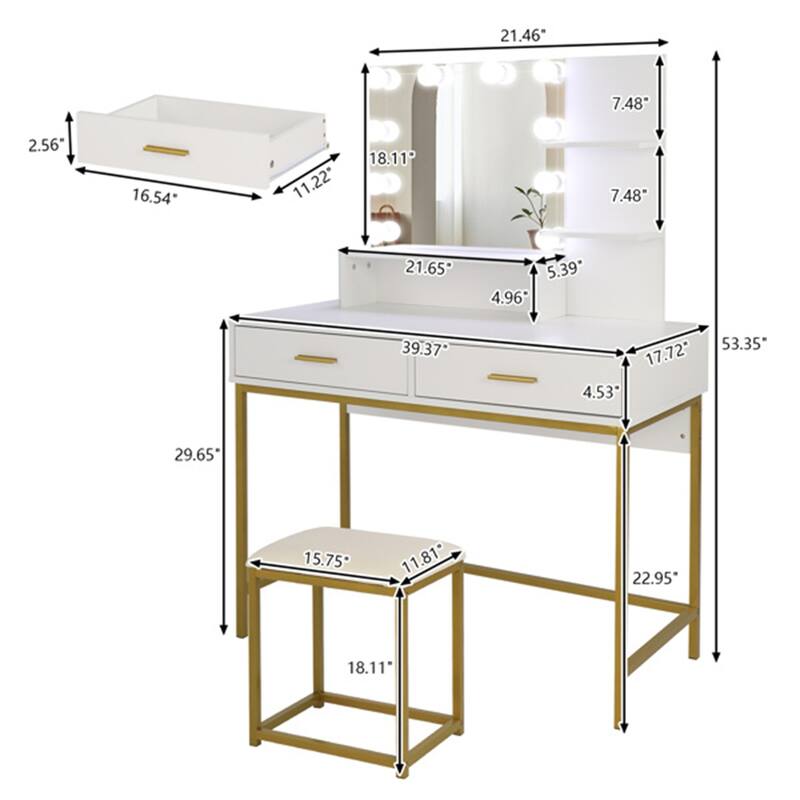 Vanity Set with 10 LED Bulbs and Cushioned Stool