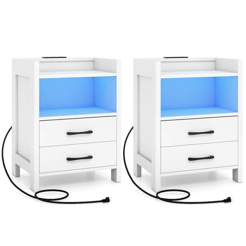 Gymax 2PCS 23.5'' Nightstand w/LED Lights & Charging Station USB Port - 2 pcs