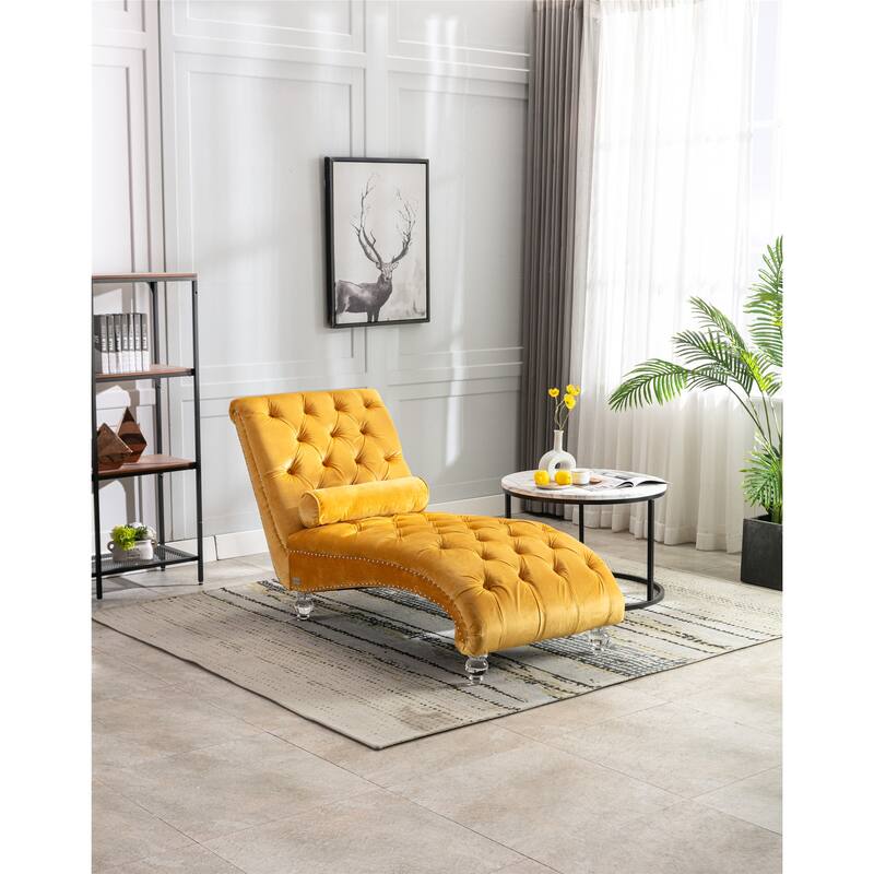 Leisure Concubine Sofa with Acrylic Feet, Traditional Chaise Velvet Barrel Sofa with Lumbar Support Pillow for Living Room