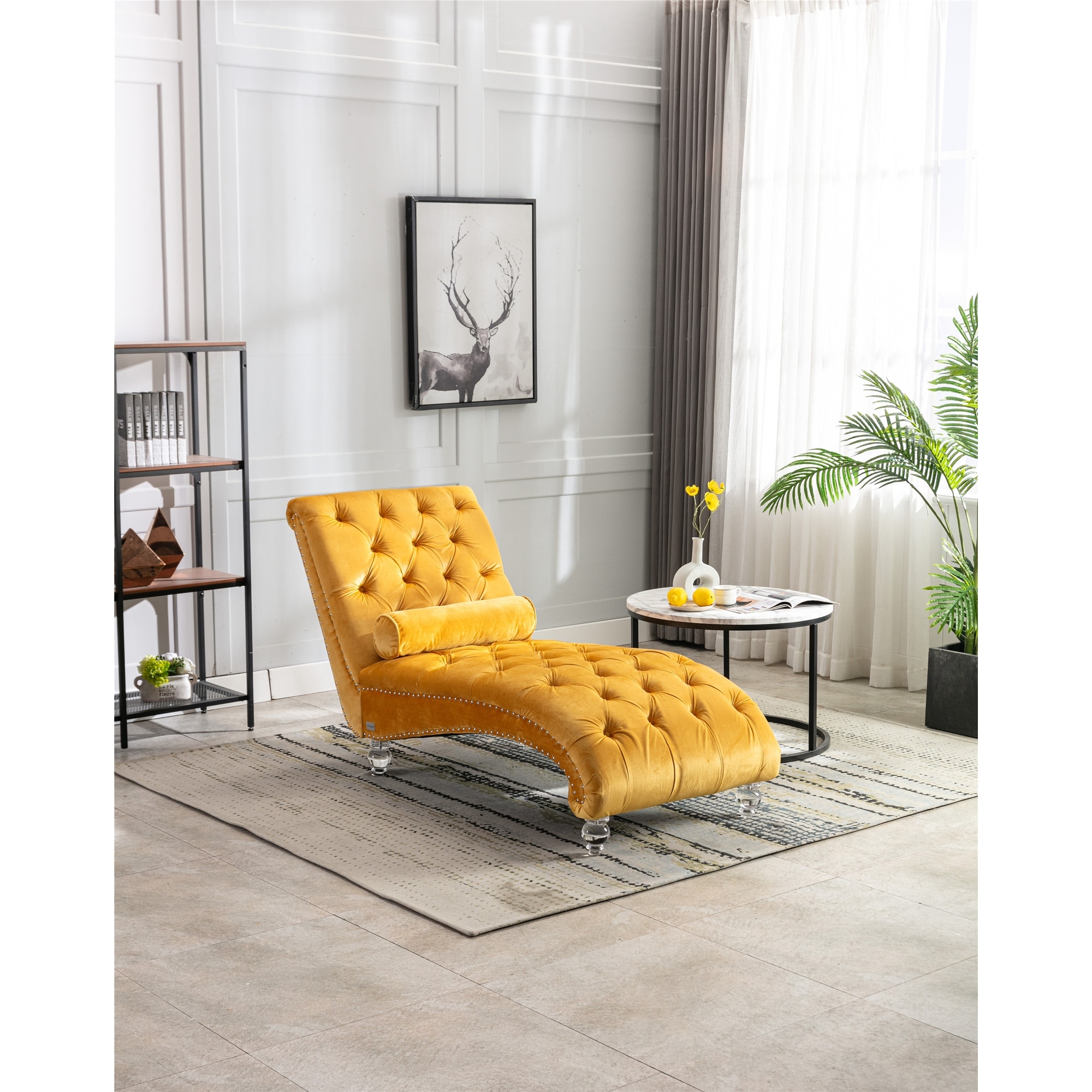 EDWINRAY Traditional Velvet Sofa with Acrylic Feet and Lumbar Pillow, Mustard