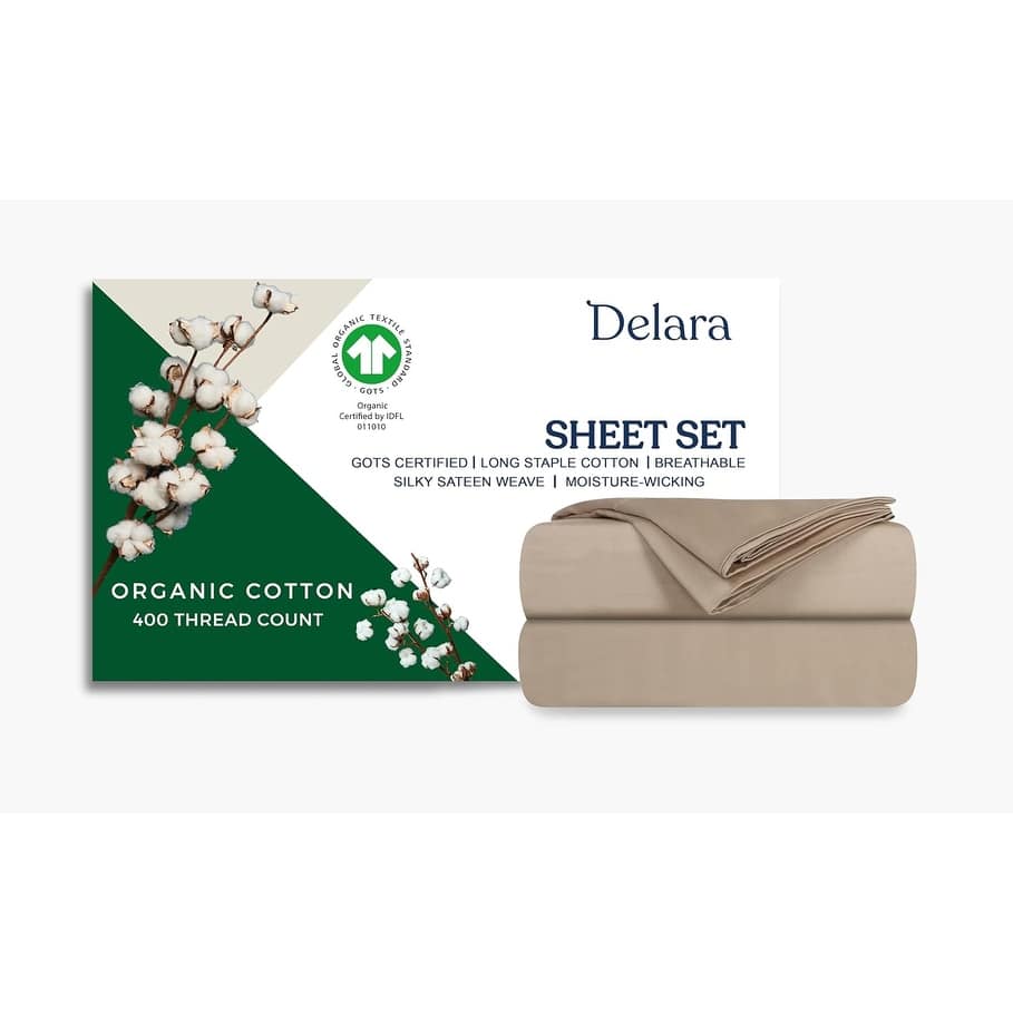 Delara GOTS Certified 100% Organic Cotton Sheet Sets, 400TC Long Staple Cotton, Ultra Soft, Moisture-Wicking,Smooth & Breathable