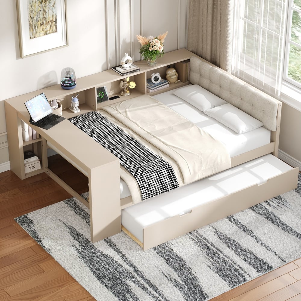 Upholstered Sofa Bed, Wood Daybed, L-shaped Bed Frame with Desk, Shelves, Charging Station, and Optional with Trundle or Drawers