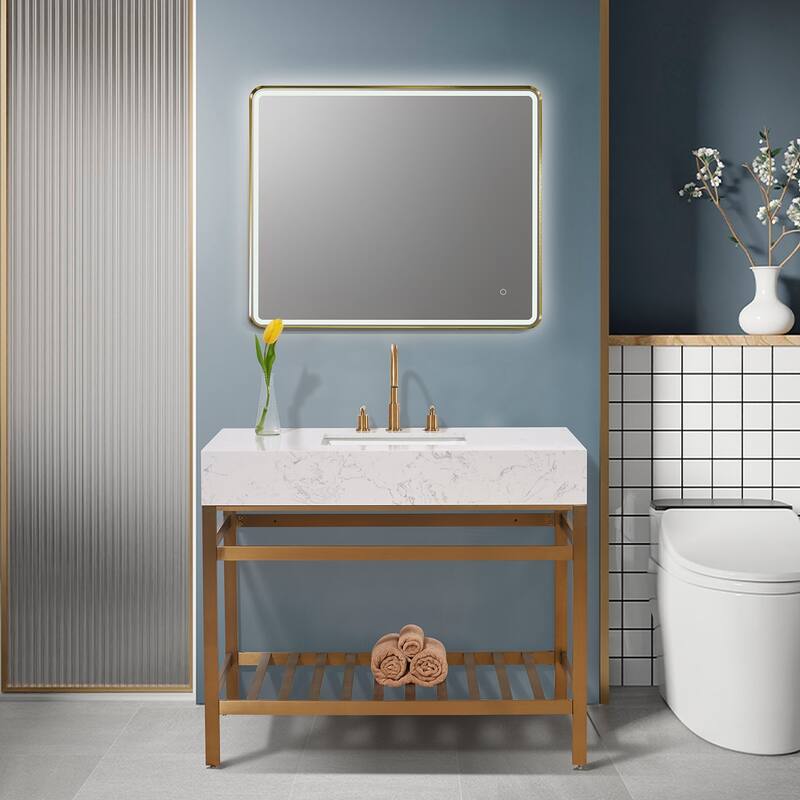 Altair Merano Stainless Steel Vanity Console with Stone Countertop and Mirror