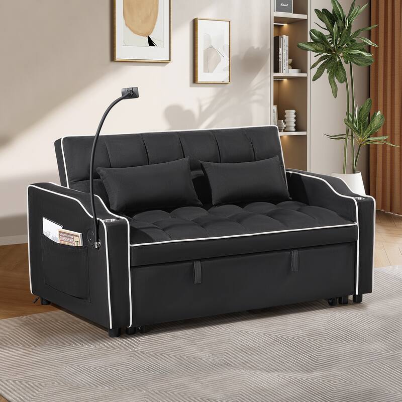 Modern Multifunctional Foldable Sofa Bed with Adjustable Backrest, Upgraded Suede Fabric, USB Port, Ashtray - 55" * 35" * 30"