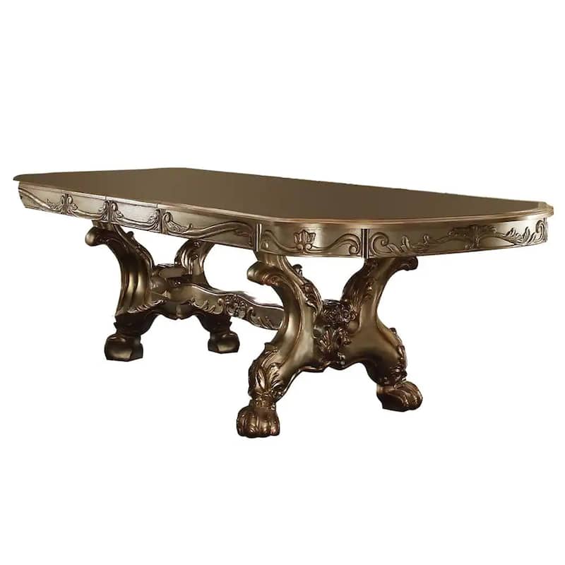 Wood Curved Top Dining Table with 2 Leaves in Gold Patina and Bone