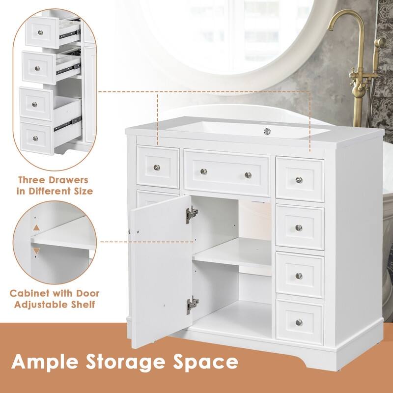 36" Bathroom Vanity with Sink Combo, One Cabinet and Six Drawers, Solid Wood and MDF Board