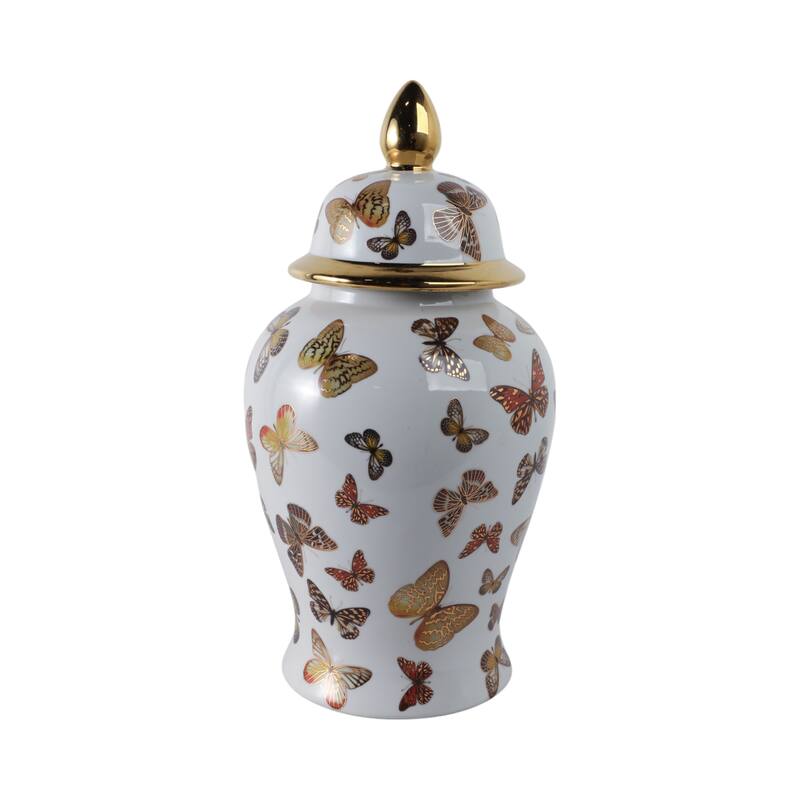 Ceramic Decorative Temple Jar with Lid and Metallic Butterfly Motif