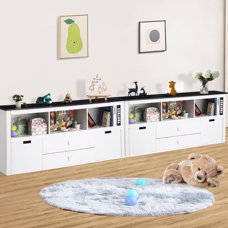 Wooden Toy Organizer Bins with Movable Drawers & Blackboard Top Kids Bookshelf