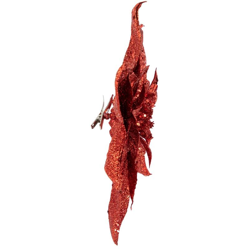 Artificial Glittered Poinsettia Christmas Floral Pick Clip-On Ornament - 9" - Red