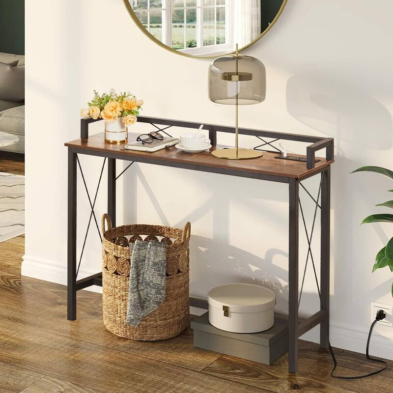 Console Table with 2 Outlet and 2 USB Ports,Entryway Table Narrow Charging Station Sofa Table - 39.4 Inches - Rustic Brown
