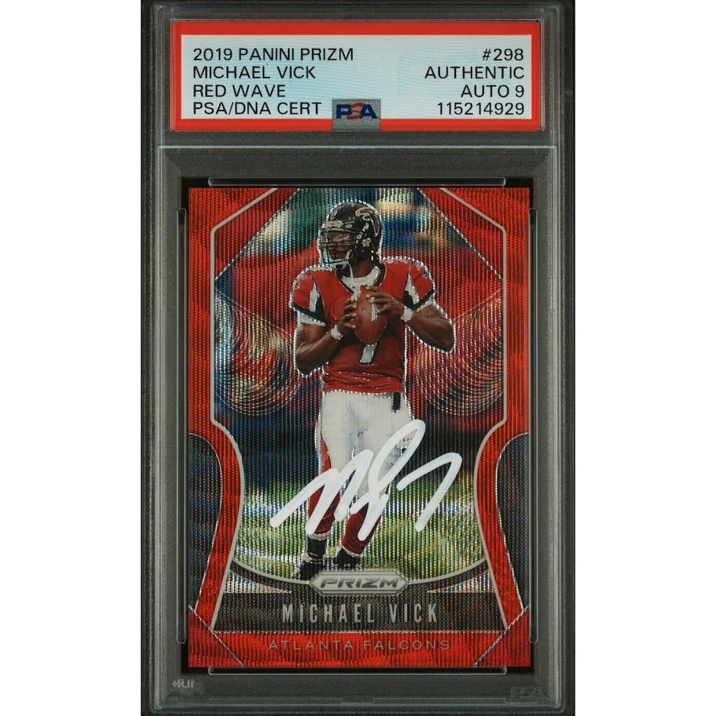 Michael Vick 2019 Panini Prizm Red Wave Signed Football Card #298 Auto Graded PSA 9 67/149 Cert # 115214929 - 8' x 11'