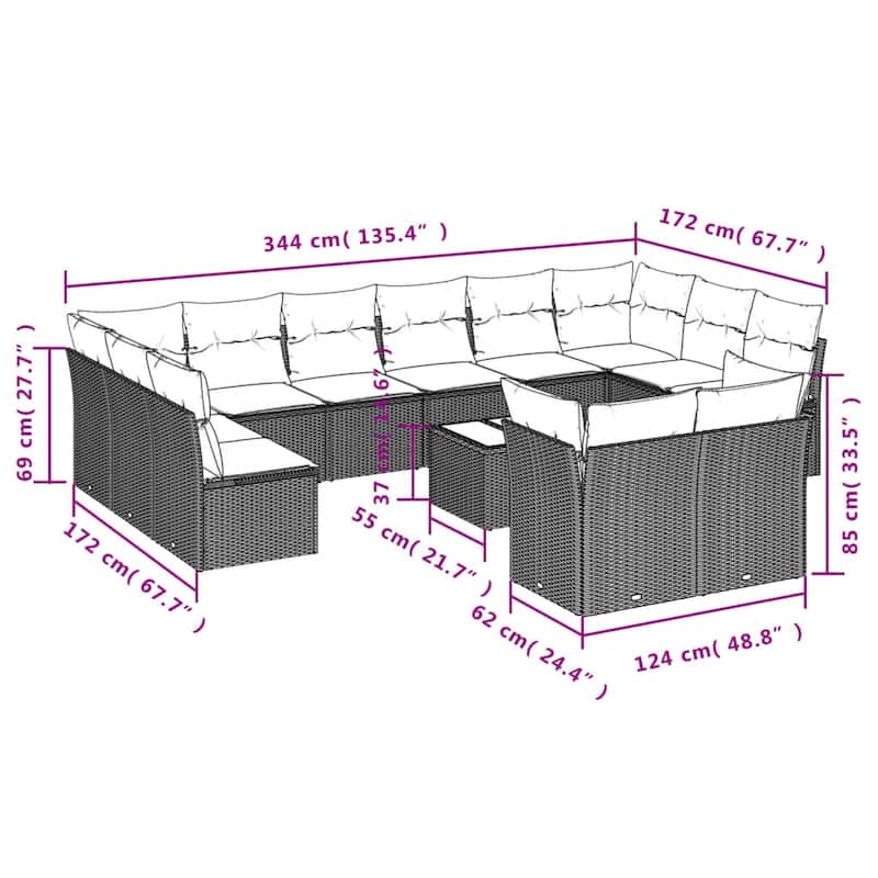 vidaXL 12 Piece Patio Sofa Set with Cushions Black Poly Rattan