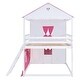 preview thumbnail 6 of 7, Full Size Bunk Bed Wood House Bed Kids Bed with Elegant Windows Sills and Tent, Pink+White