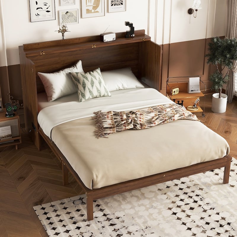 Queen Size Murphy Bed with Large Drawer, Pinewood Wall Cabinet Bed Frame with Power Station and Rattan Decoration Panel - Walnut - Queen
