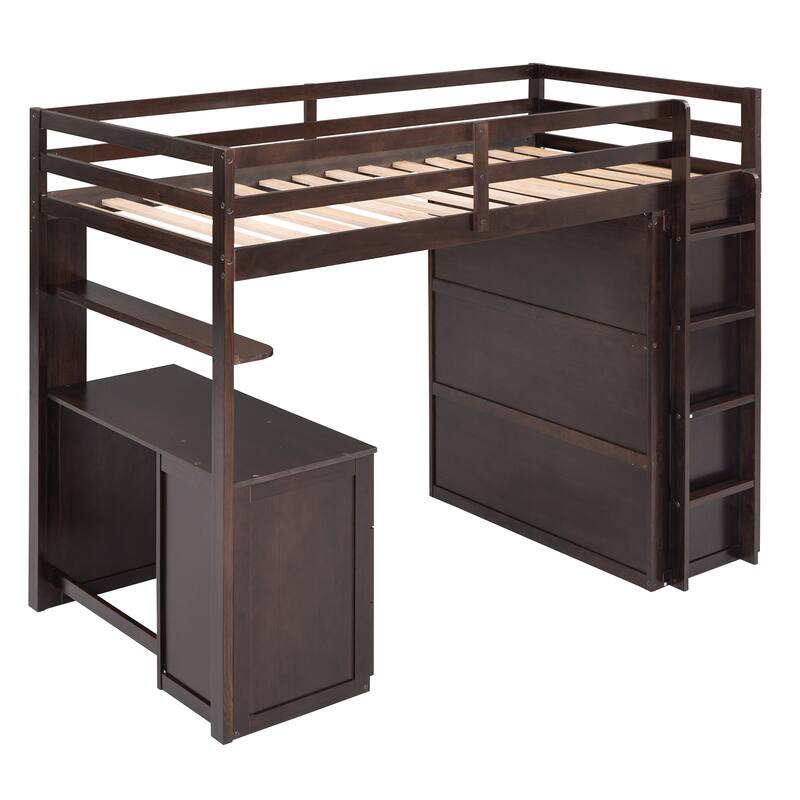Multi-functional Pine Loft Bed with Desk, Wardrobe, Drawers, Shelves
