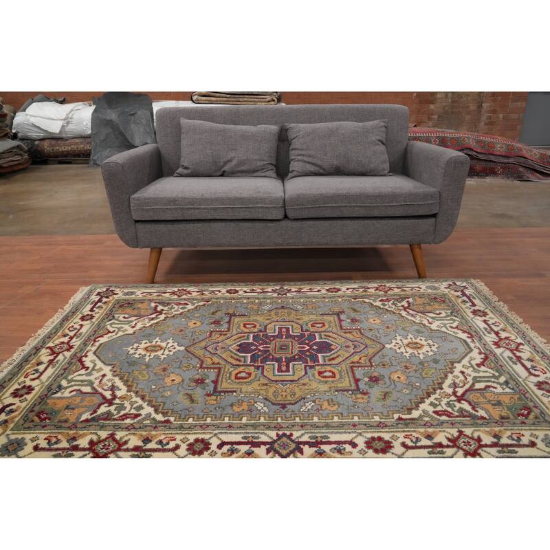 Hand Knotted Oriental 100% Wool Carpet Traditional Medallion Greys & Charcoal Heriz (serapi) Area Rug - 6' 1'' X 4' 0''