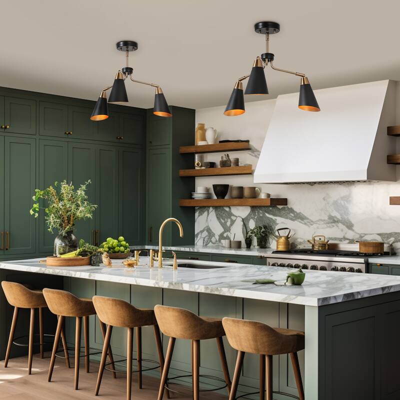 Modern 3-Light Metal Black Gold Chandeliers Semi-Flush Ceiling Light for Kitchen - 22"Dia x 14.5"H