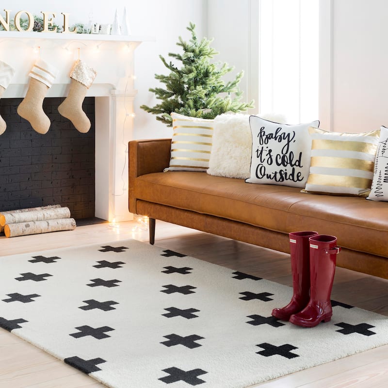 Trocadero White Modern Geometric Wool Handmade Area Rug - 7'6" x 9'6" - 7'6" x 9'6" - Cream/Black